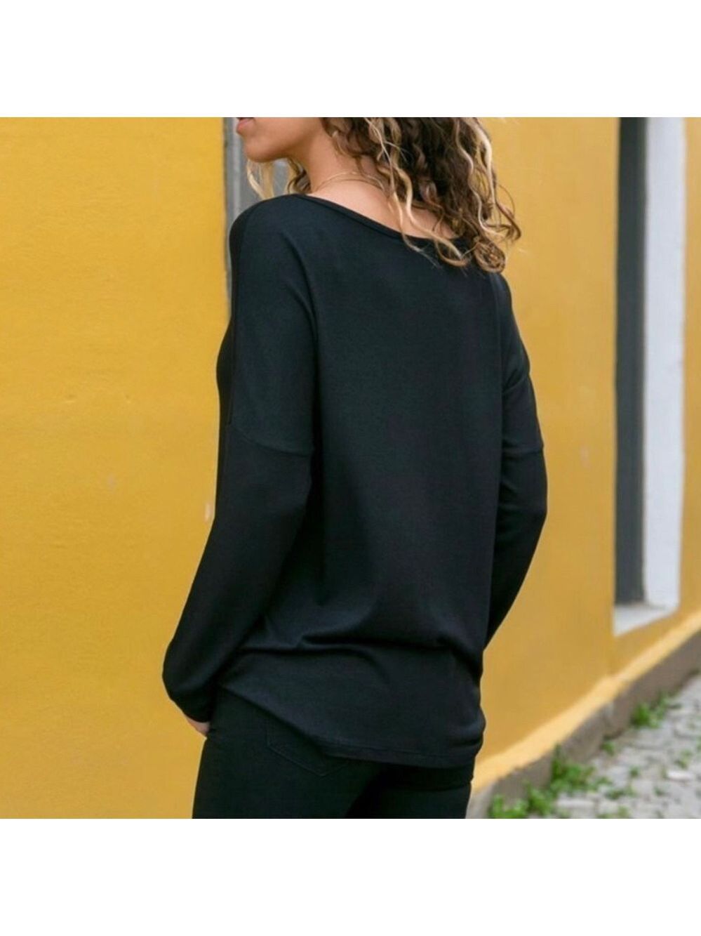 Neutral Color Block Geometric Long Sleeve Top Asymmetrical Neck - Picture 2 of 12